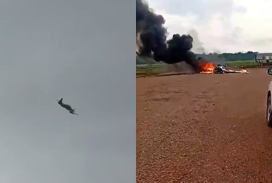 Avião de Pequeno Porte Cai e Pega Fogo em Pista de Fazenda em Juara; Veja Vídeo